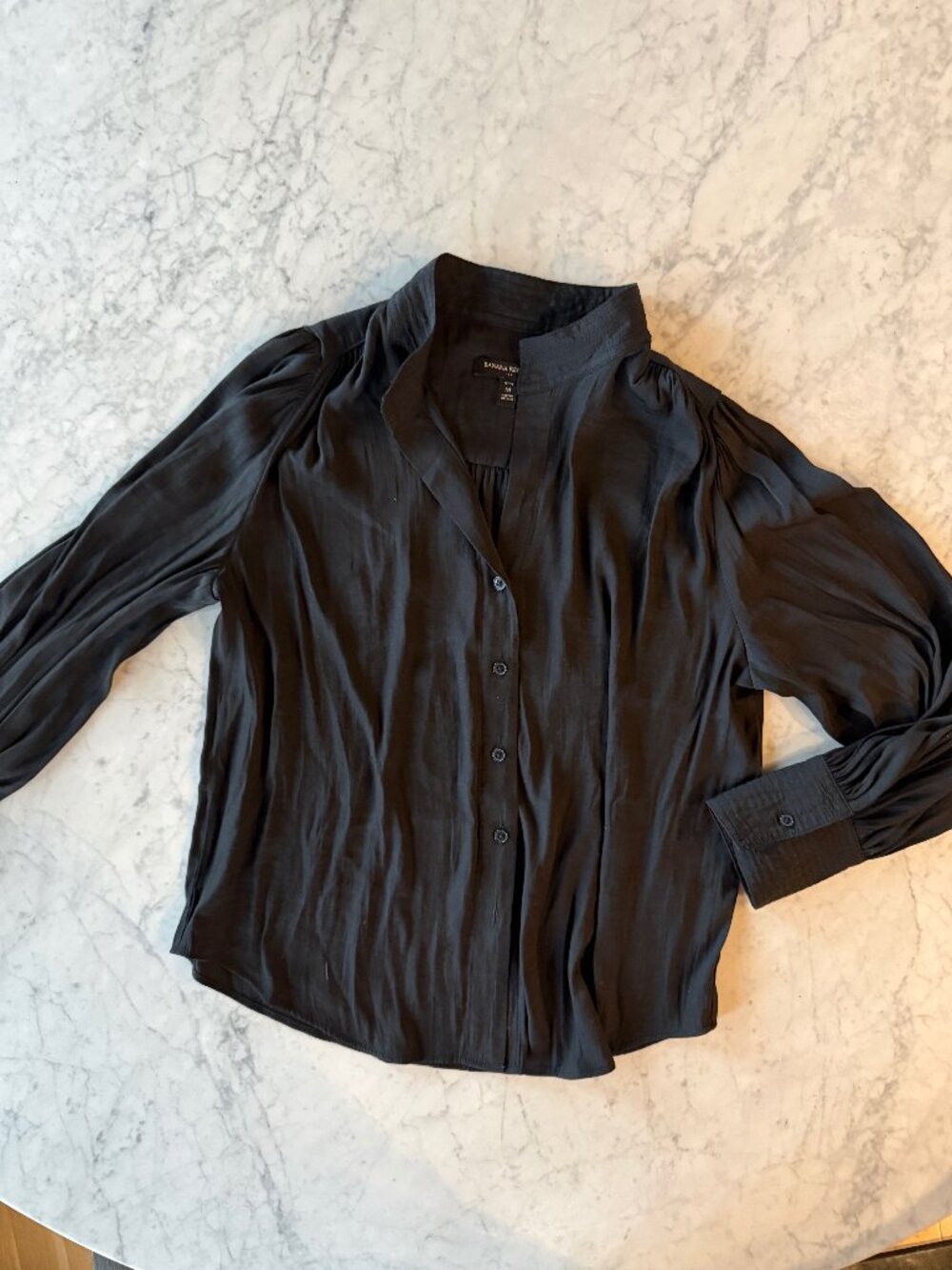 Banana Republic Satin Button Front Blouse | Black | Petite Medium | Career Top